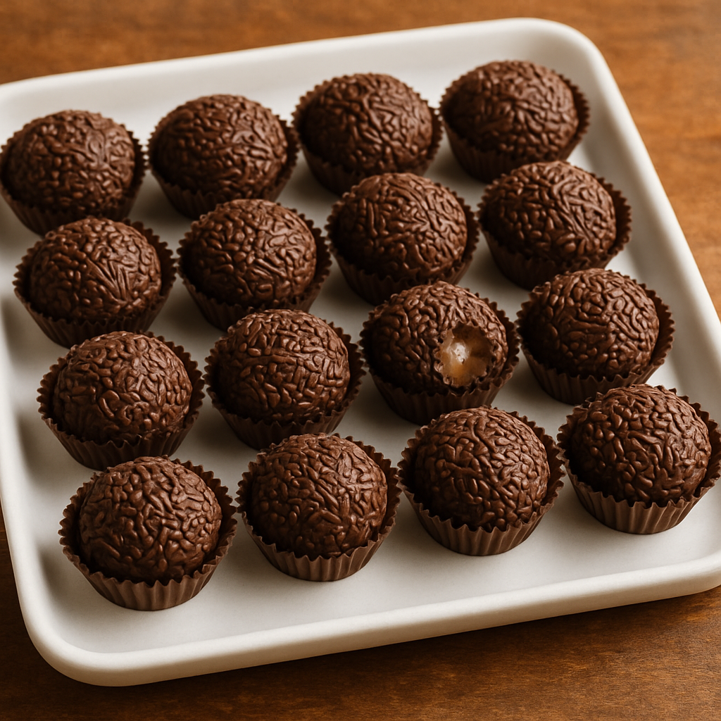 brigadeiro tradicional enrolado com granulado de chocolate em forminhas de papel