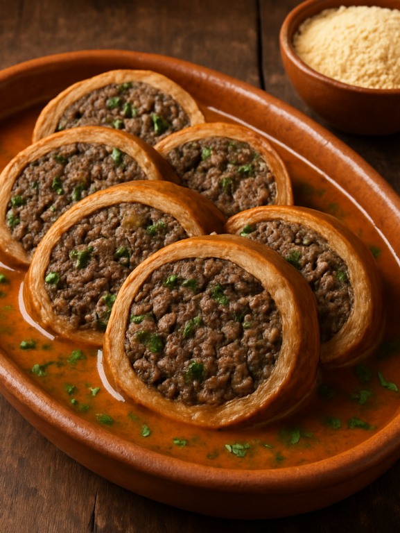 buchada de carneiro nordestina fatiada em travessa de barro com caldo encorpado e cheiro verde