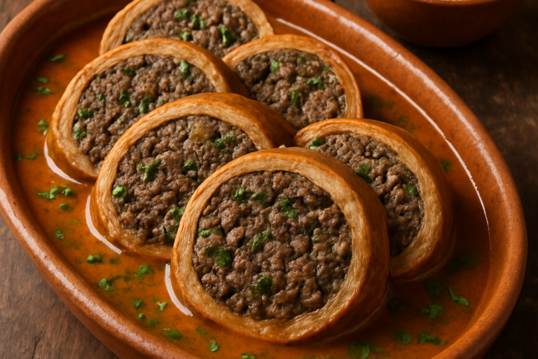 buchada de carneiro nordestina fatiada em travessa de barro com caldo encorpado e cheiro verde