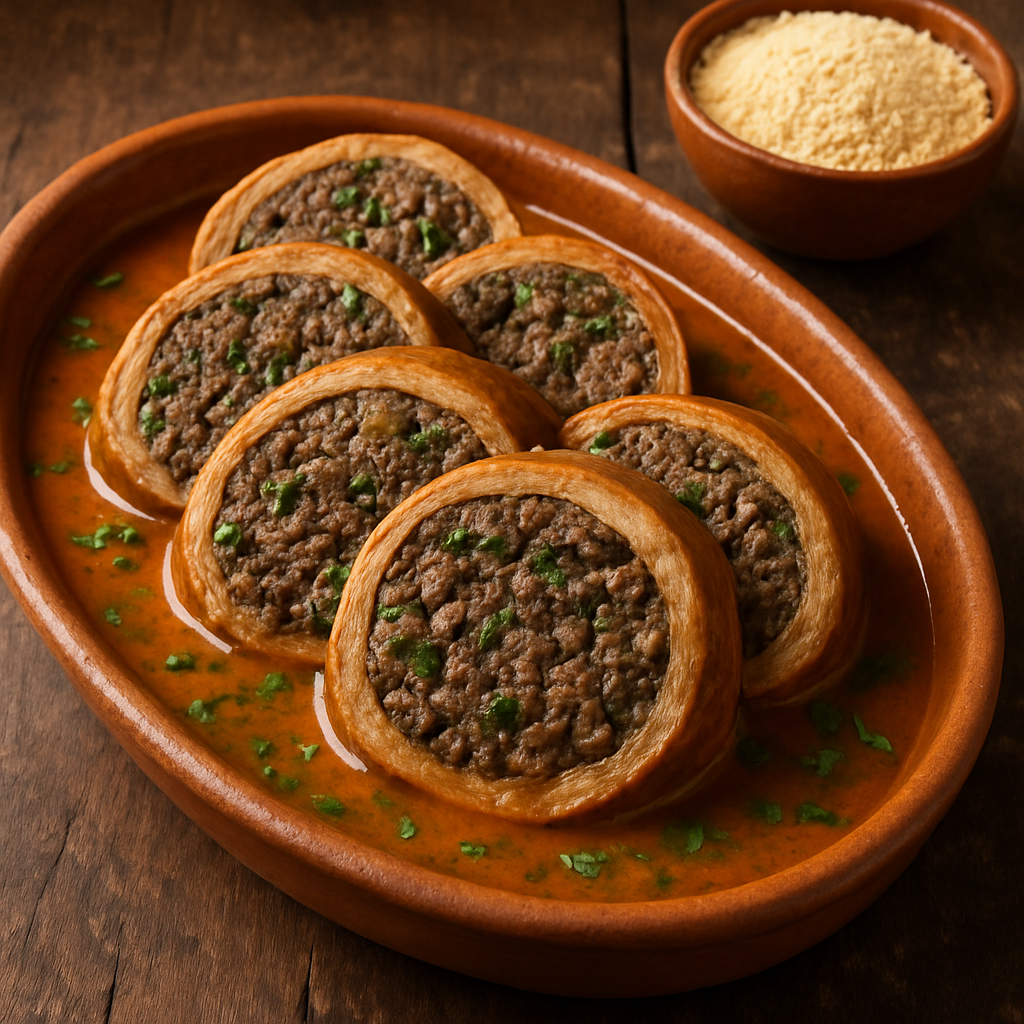 buchada de carneiro nordestina fatiada em travessa de barro com caldo encorpado e cheiro verde