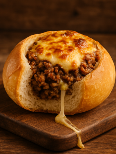 Buraco quente sanduíche de carne moída com queijo prato derretido e recheio suculento em tábua de madeira