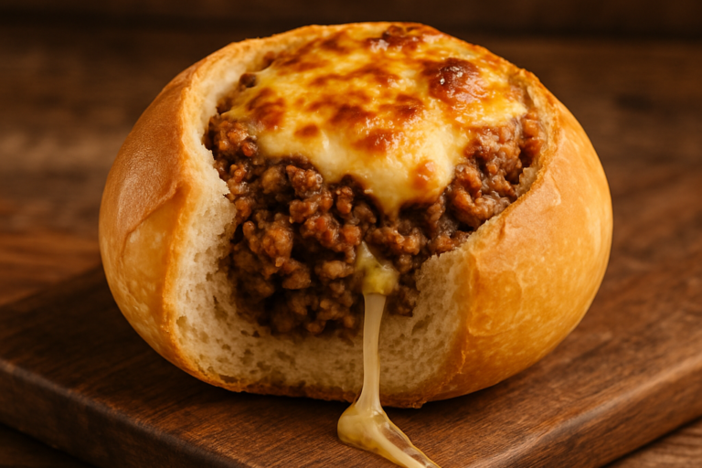 Buraco quente sanduíche de carne moída com queijo prato derretido e recheio suculento em tábua de madeira