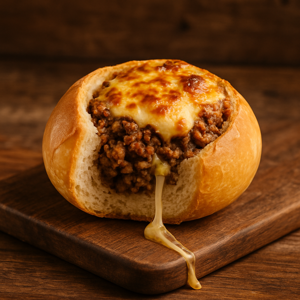 Buraco quente sanduíche de carne moída com queijo prato derretido e recheio suculento em tábua de madeira