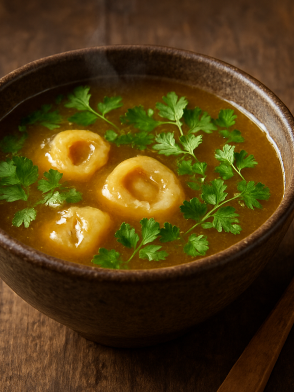 Tigela com caldo de mocotó caseiro dourado e encorpado, com temperos frescos por cima