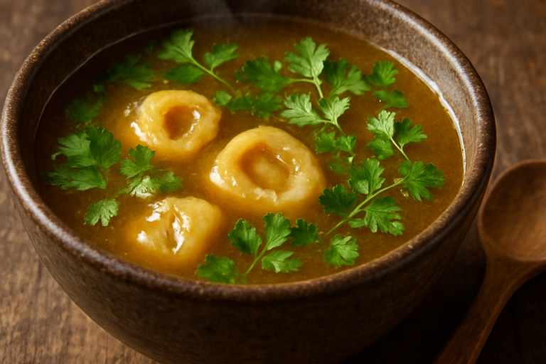 Tigela com caldo de mocotó caseiro dourado e encorpado, com temperos frescos por cima