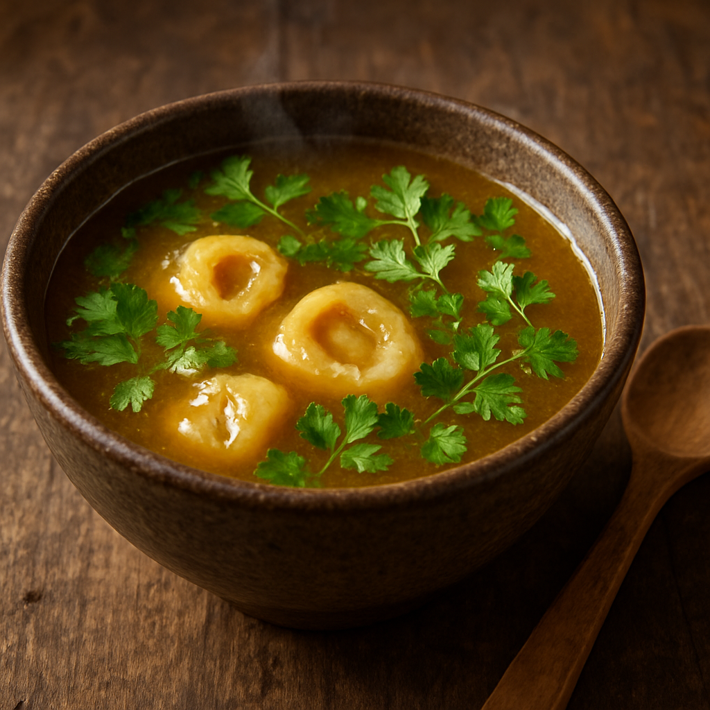 Tigela com caldo de mocotó caseiro dourado e encorpado, com temperos frescos por cima