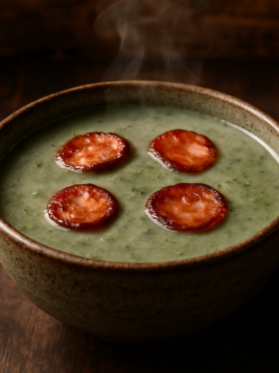 Tigela de caldo verde cremoso com linguiça dourada na air fryer, perfeito para o almoço