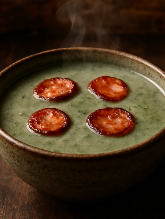 Tigela de caldo verde cremoso com linguiça dourada na air fryer, perfeito para o almoço