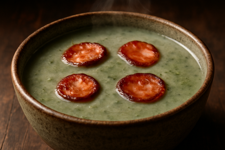 Tigela de caldo verde cremoso com linguiça dourada na air fryer, perfeito para o almoço