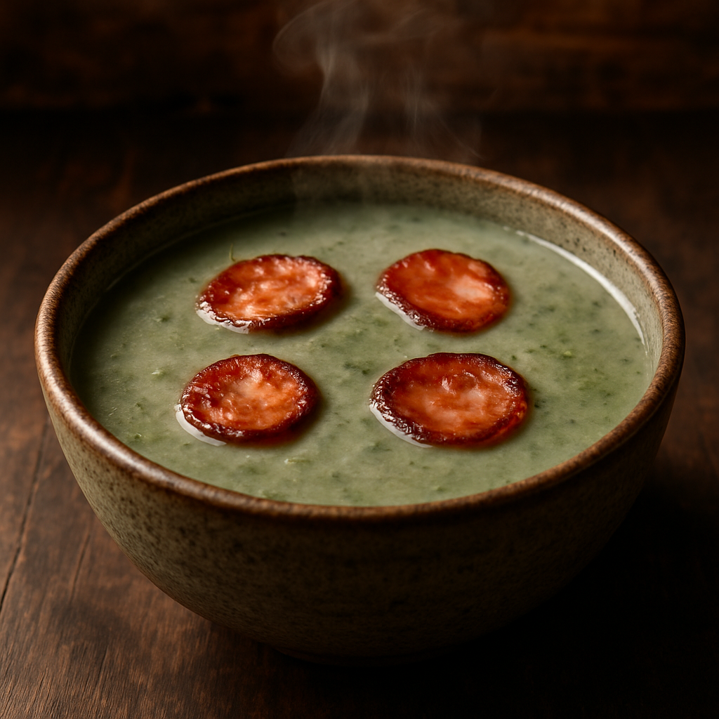 Tigela de caldo verde cremoso com linguiça dourada na air fryer, perfeito para o almoço
