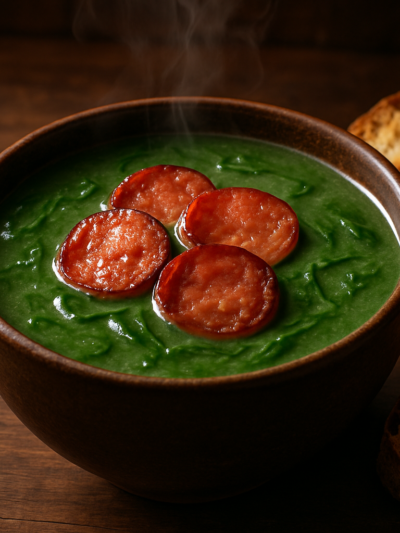 Tigela de caldo verde na air fryer para o café da manhã com linguiça dourada e couve verde vibrante