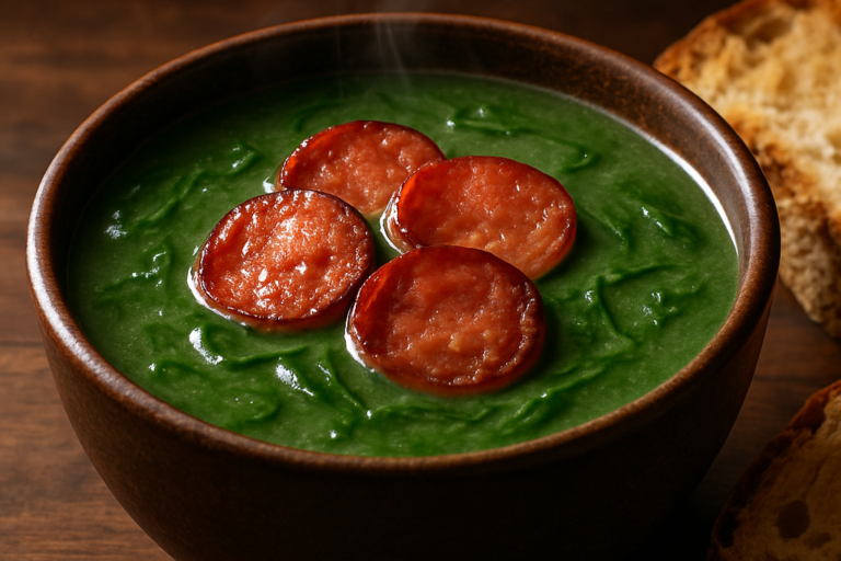 Tigela de caldo verde na air fryer para o café da manhã com linguiça dourada e couve verde vibrante