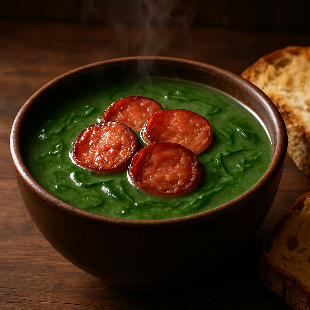Tigela de caldo verde na air fryer para o café da manhã com linguiça dourada e couve verde vibrante