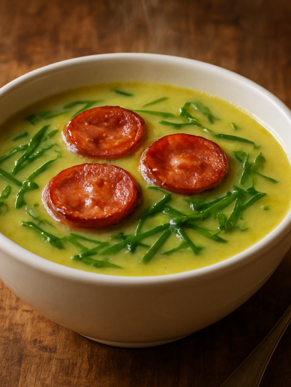 caldo verde na air fryer para jantar servido em tigela de cerâmica com linguiça crocante e couve-manteiga fresca