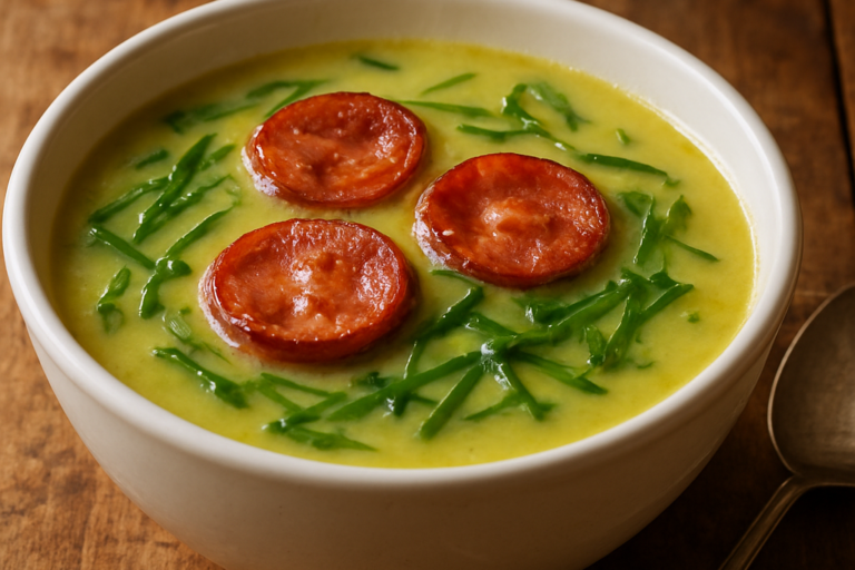 caldo verde na air fryer para jantar servido em tigela de cerâmica com linguiça crocante e couve-manteiga fresca