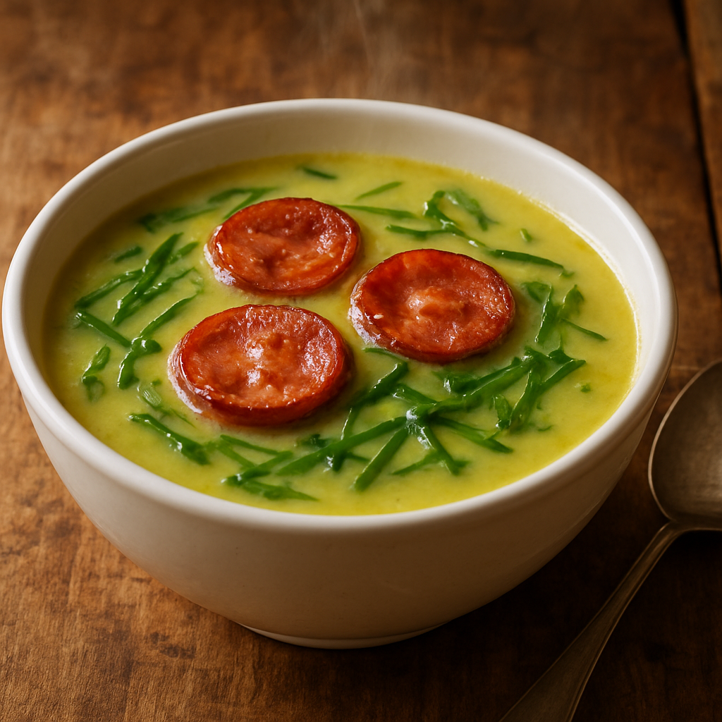 caldo verde na air fryer para jantar servido em tigela de cerâmica com linguiça crocante e couve-manteiga fresca