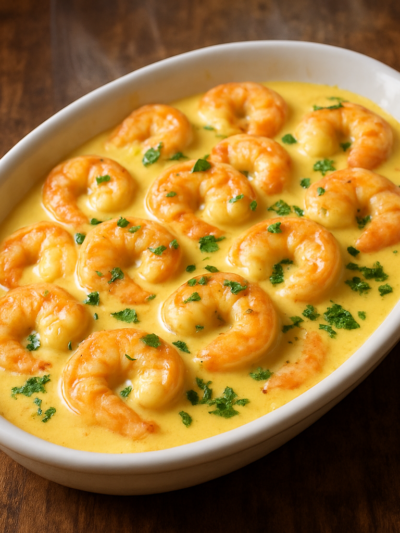 camarão com requeijão cremoso em travessa branca com salsinha fresca por cima