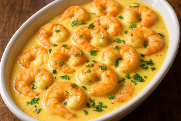 camarão com requeijão cremoso em travessa branca com salsinha fresca por cima