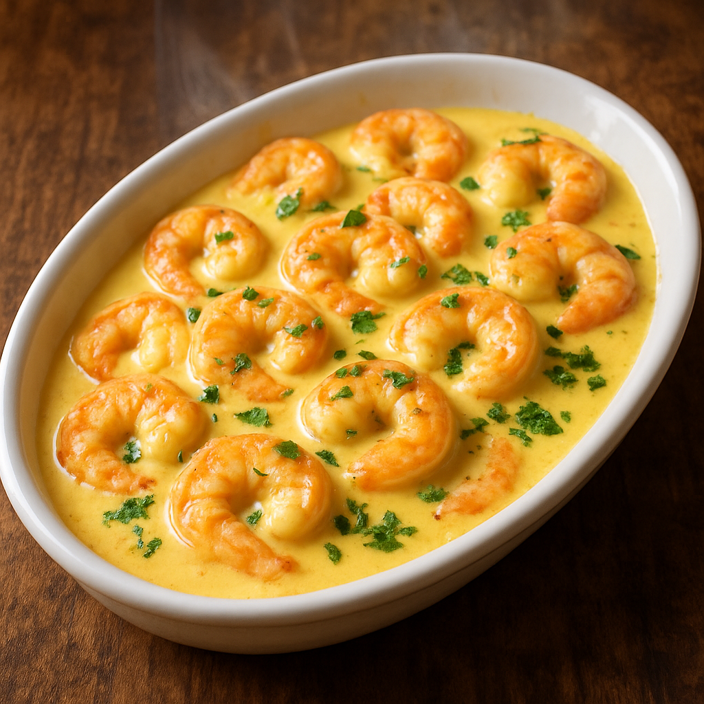camarão com requeijão cremoso em travessa branca com salsinha fresca por cima