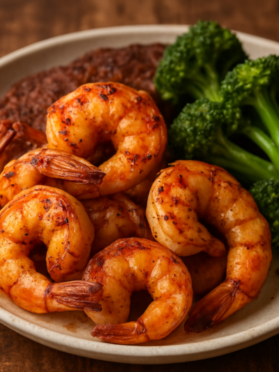 camarão na air fryer temperado com alho, limão e páprica, finalizado com salsinha fresca em prato branco