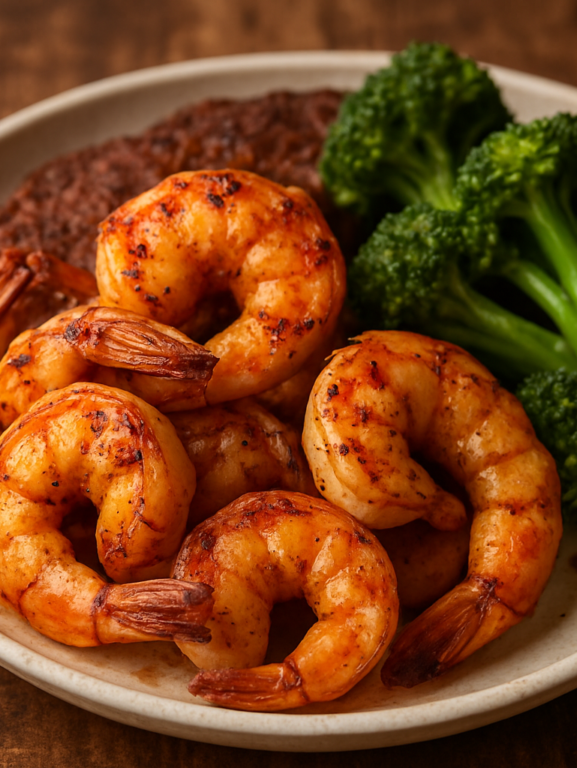 camarão na air fryer temperado com alho, limão e páprica, finalizado com salsinha fresca em prato branco