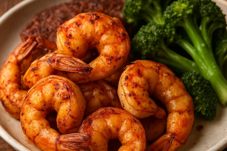 camarão na air fryer temperado com alho, limão e páprica, finalizado com salsinha fresca em prato branco