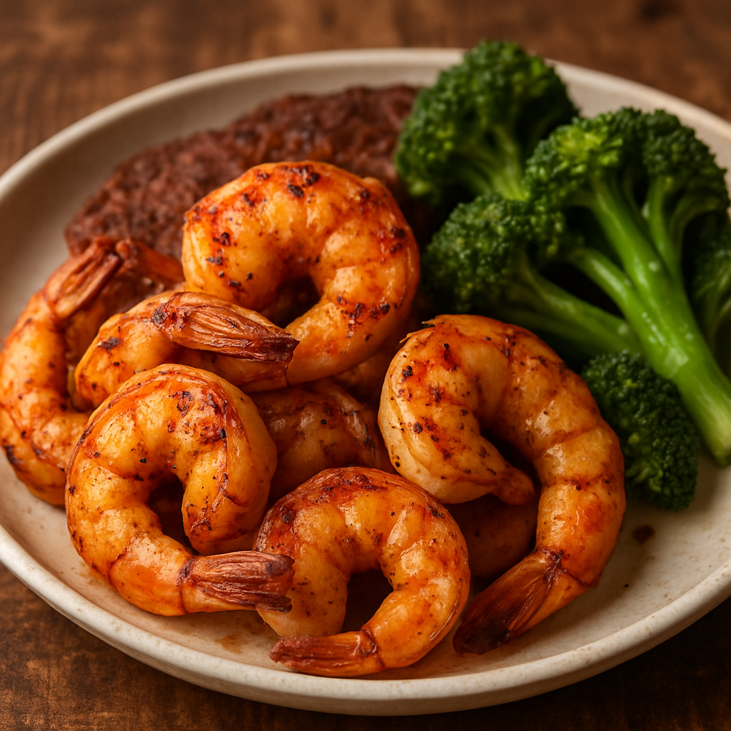 camarão na air fryer temperado com alho, limão e páprica, finalizado com salsinha fresca em prato branco