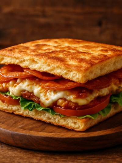 Canapizza crocante com maionese, parmesão, tomate e orégano em bandeja branca