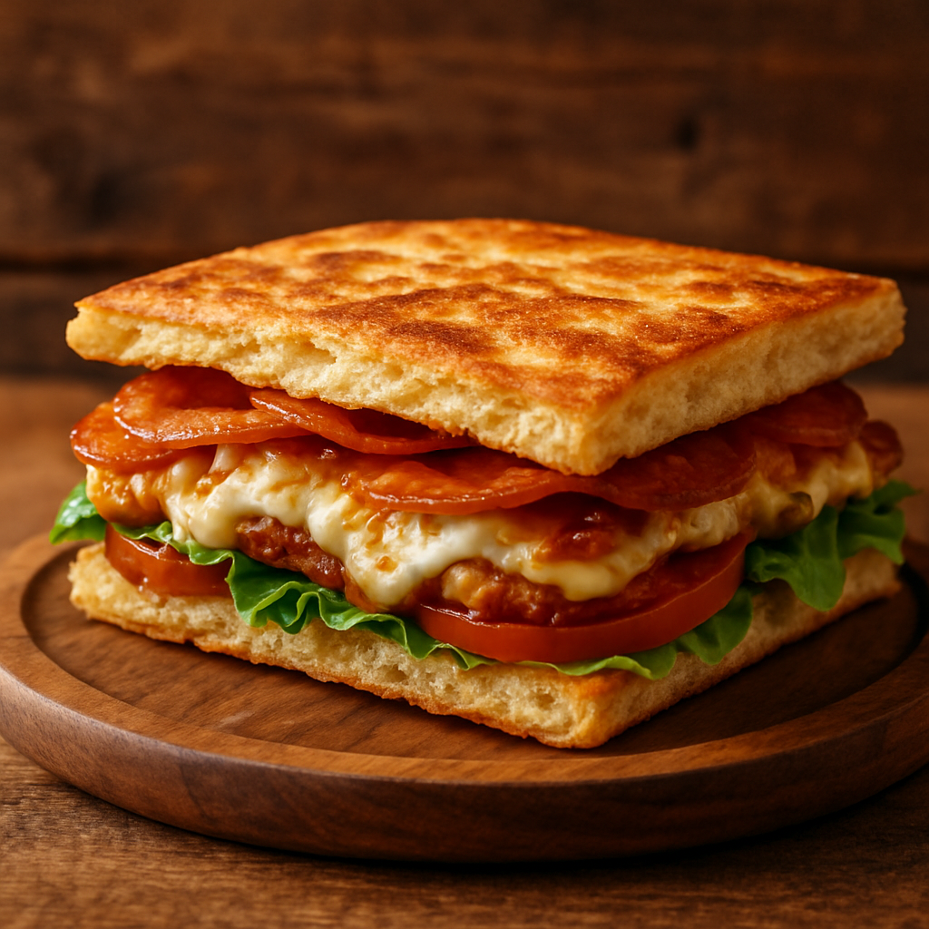 Canapizza crocante com maionese, parmesão, tomate e orégano em bandeja branca