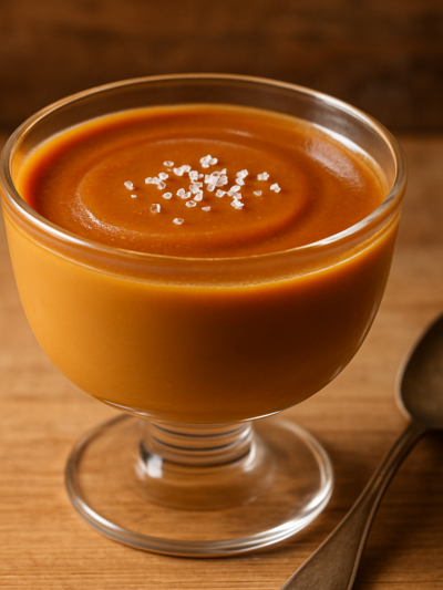 Taça com caramelo delicioso cremoso e dourado, sobremesa sem forno com leite condensado