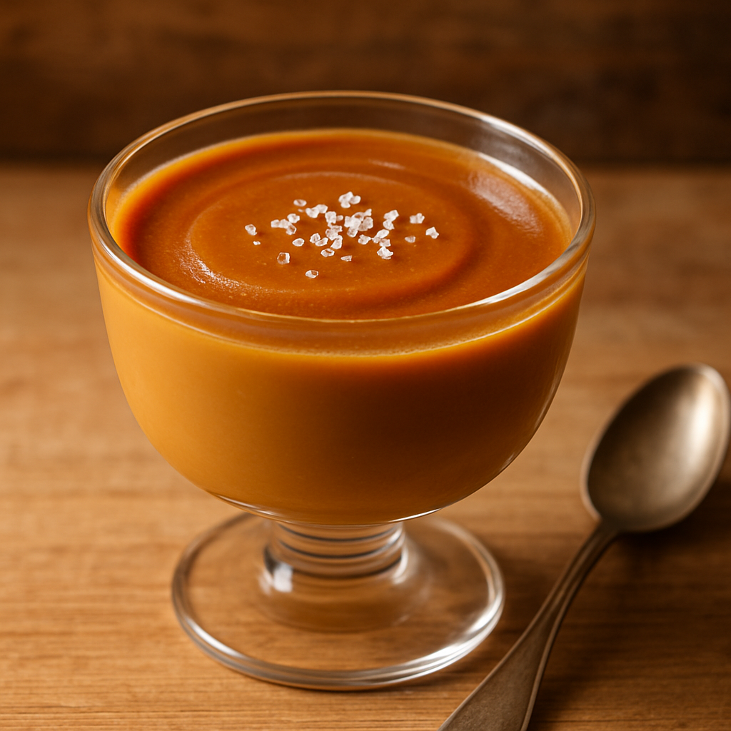 Taça com caramelo delicioso cremoso e dourado, sobremesa sem forno com leite condensado