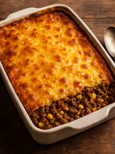 Carne Andina assada em forma refratária com queijo gratinado dourado por cima