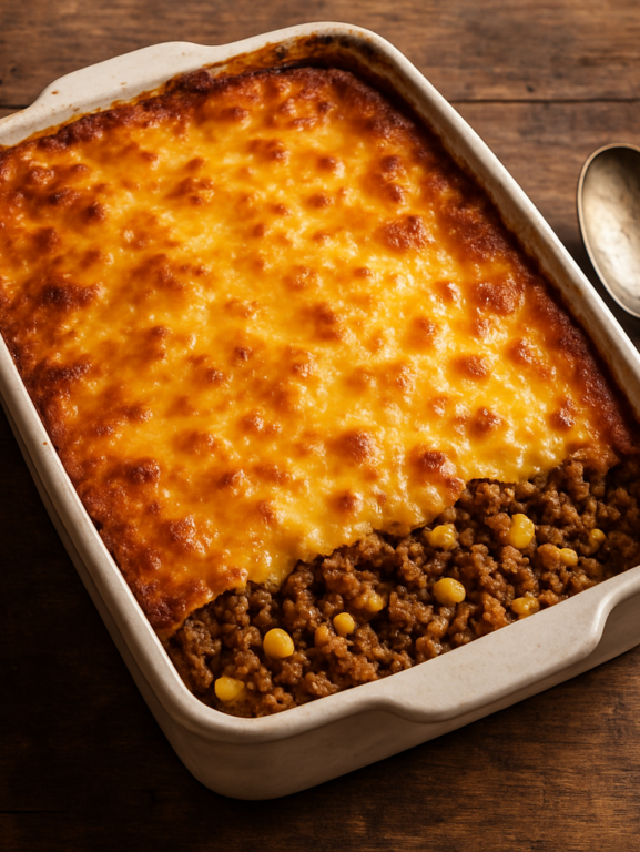 Carne Andina assada em forma refratária com queijo gratinado dourado por cima