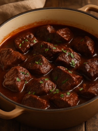 carne de panela diferente com molho de vinho tinto e alecrim em panela de ferro, finalizada com salsinha