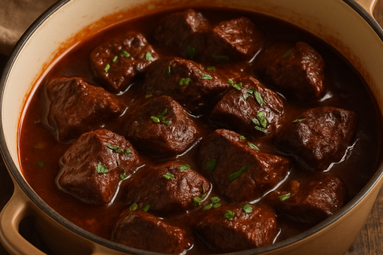 carne de panela diferente com molho de vinho tinto e alecrim em panela de ferro, finalizada com salsinha