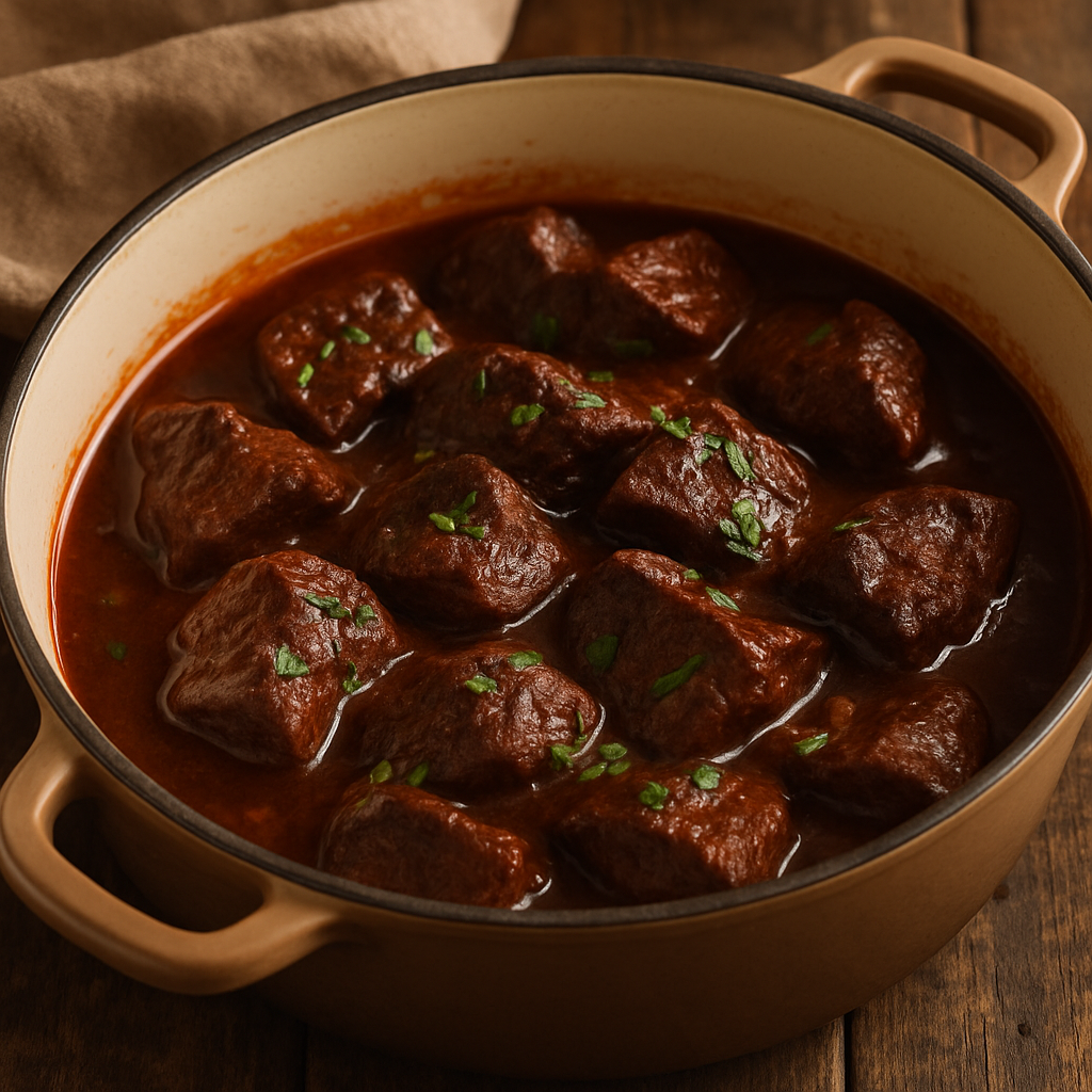 carne de panela diferente com molho de vinho tinto e alecrim em panela de ferro, finalizada com salsinha