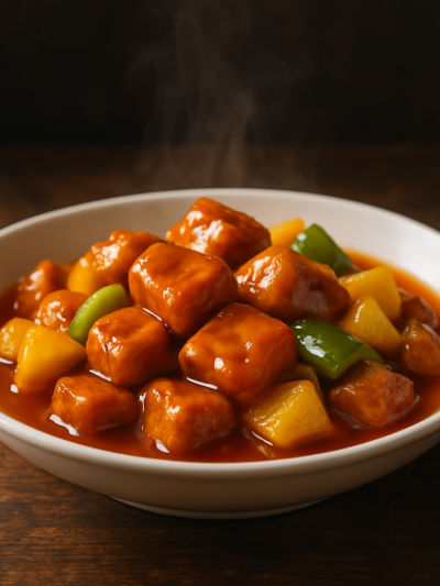 carne de porco agridoce com abacaxi e pimentão verde em prato branco fundo