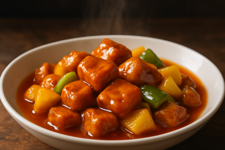 carne de porco agridoce com abacaxi e pimentão verde em prato branco fundo