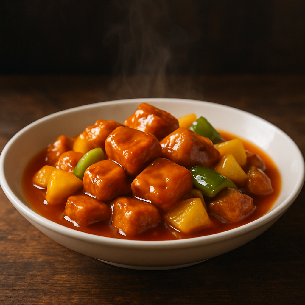 carne de porco agridoce com abacaxi e pimentão verde em prato branco fundo