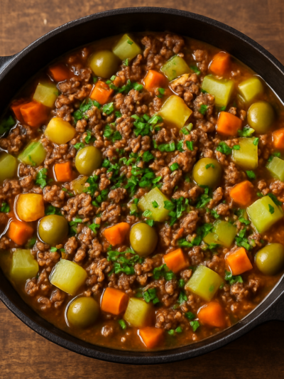 carne moída chique com bacon, legumes e azeitonas em panela funda, finalizada com cheiro-verde