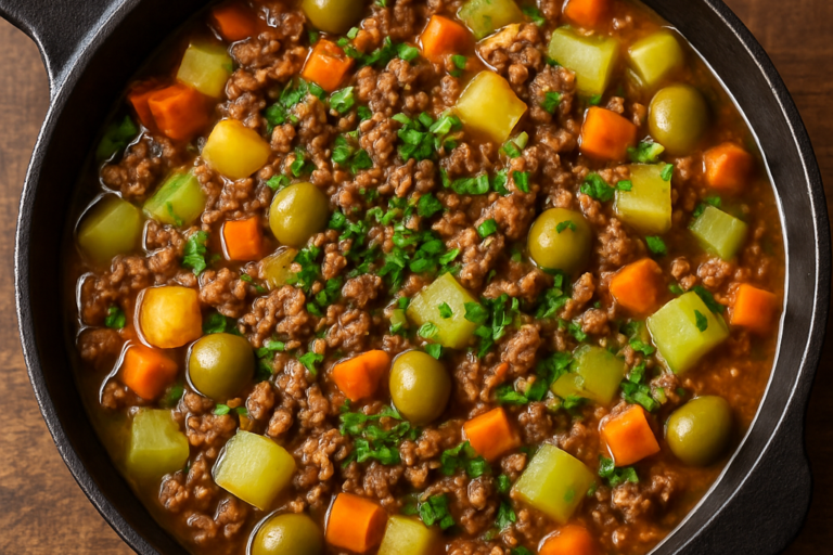 carne moída chique com bacon, legumes e azeitonas em panela funda, finalizada com cheiro-verde