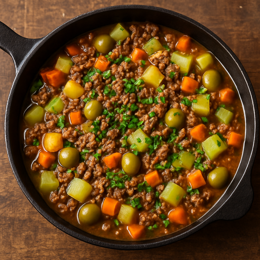 carne moída chique com bacon, legumes e azeitonas em panela funda, finalizada com cheiro-verde