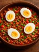 Carne moída enriquecida com legumes, ervilha e ovos cozidos em panela rústica