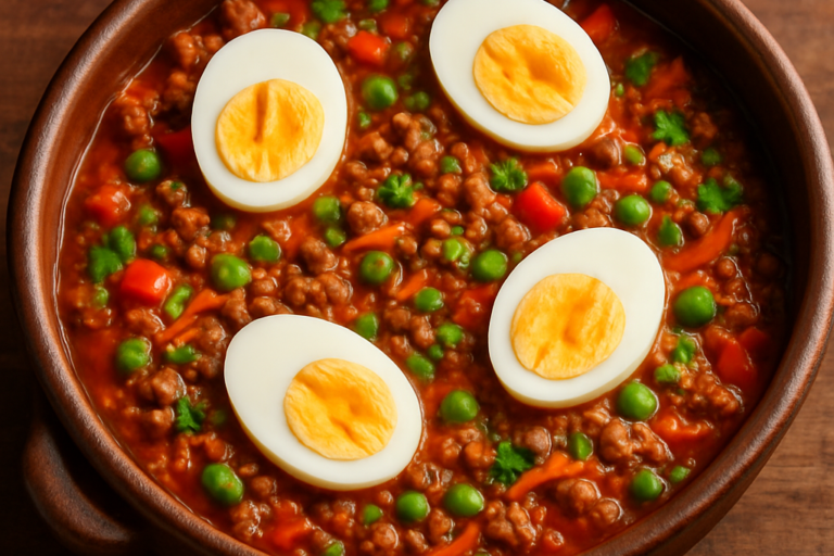 Carne moída enriquecida com legumes, ervilha e ovos cozidos em panela rústica