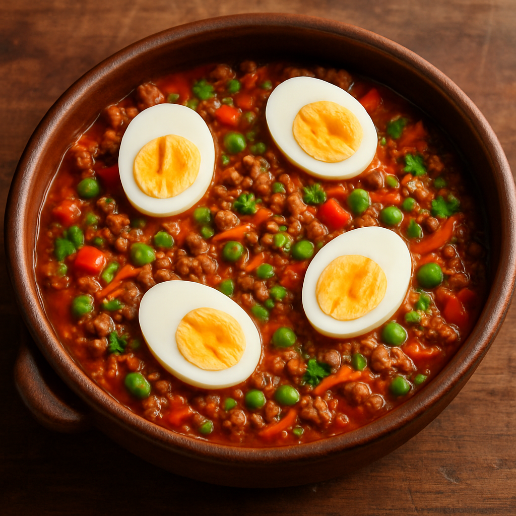 Carne moída enriquecida com legumes, ervilha e ovos cozidos em panela rústica