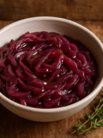 Cebola confitada à moda de Portugal feita por brasileiro em tigela de cerâmica com azeite e tomilho