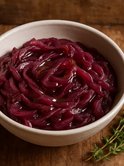 Cebola confitada à moda de Portugal feita por brasileiro em tigela de cerâmica com azeite e tomilho