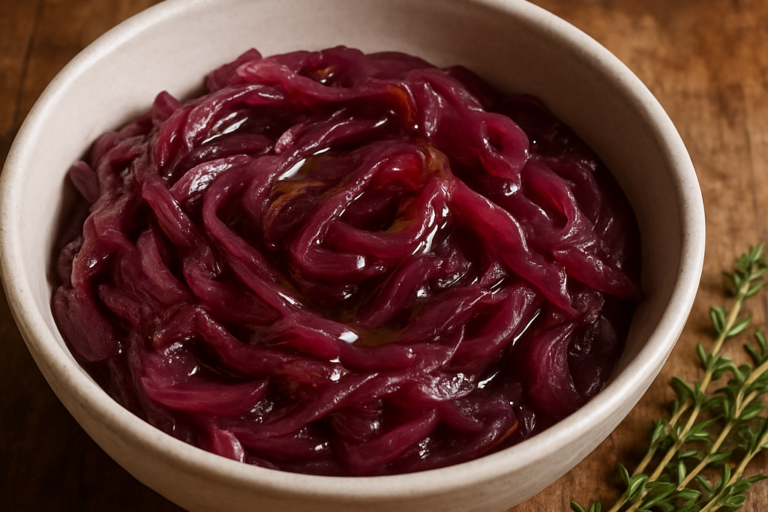 Cebola confitada à moda de Portugal feita por brasileiro em tigela de cerâmica com azeite e tomilho