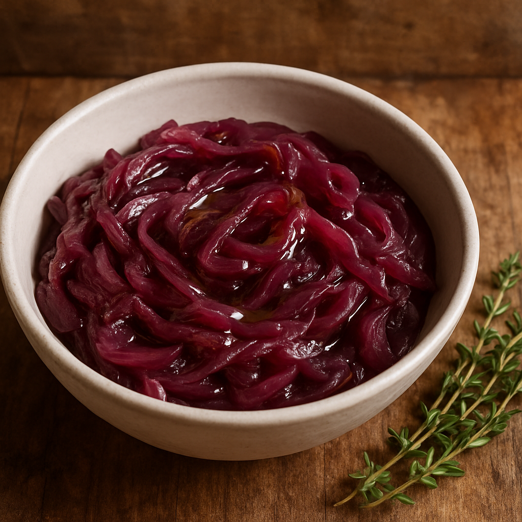 Cebola confitada à moda de Portugal feita por brasileiro em tigela de cerâmica com azeite e tomilho