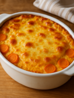 cenourinha no soufle gratinada em refratário branco com queijo dourado por cima